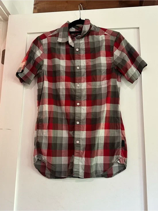 The North Face Red and Gray Short-Sleeve Plaid Button-Down Shirt