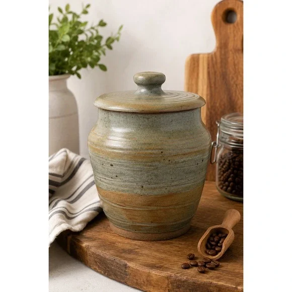 Vintage Studio Pottery Stoneware Canister Jar With Lid Green Brown Speckled 8.5