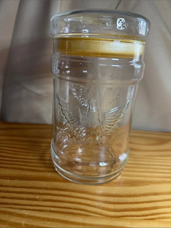 Vintage Clear Glass Apothecary Jar Embossed American Eagle and Stars 7.25