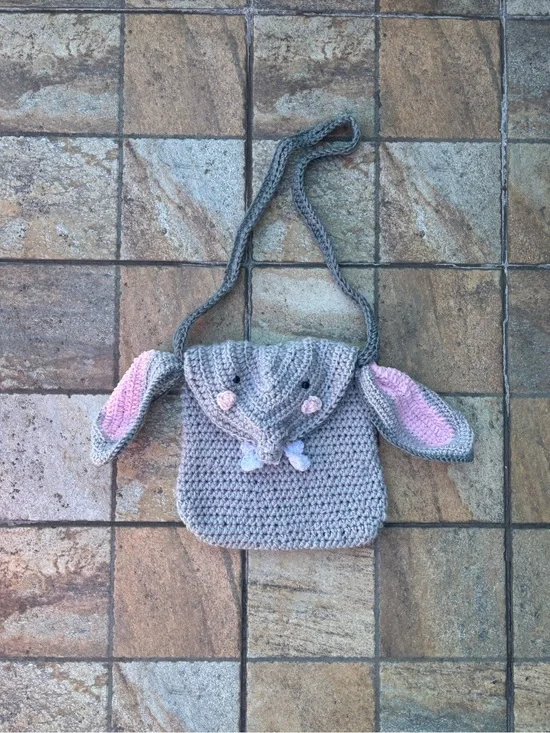 Handmade Crochet Elephant Crossbody Bag |  | Grey Cotton Yarn Kids Purse | OS