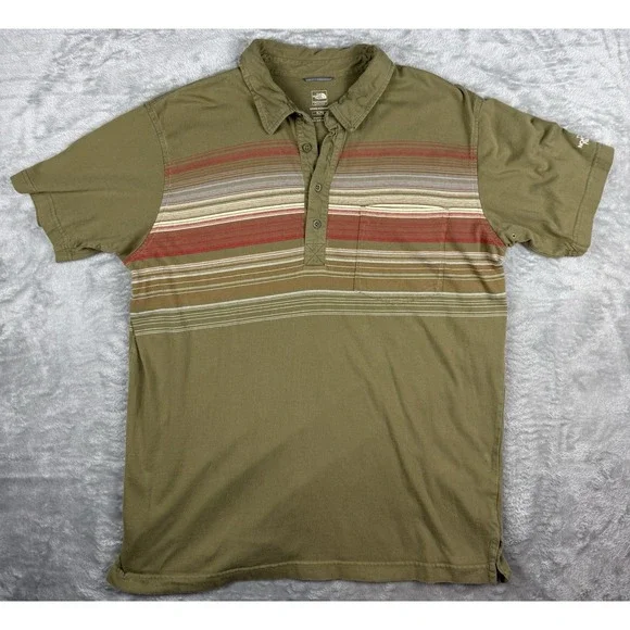The North Face Polo Shirt Mens XL Green Striped Short Sleeve Cotton Casual