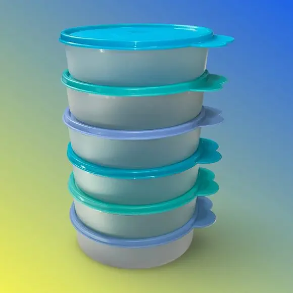 Tupperware 1403 Ideal Litl Bowls Set of 6 Butterfly Tab Lid Turquoise Blue  Y2K