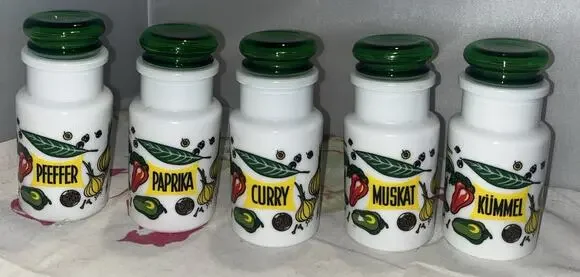 5 German Spice Jars 1970s Vegitable Pattern Kitsch Cottage Decor