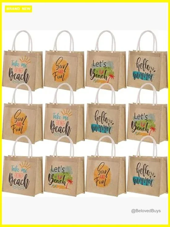 12-Pack Burlap Tote Bags with Handles Reusable Waterproof Jute Straw Grocery