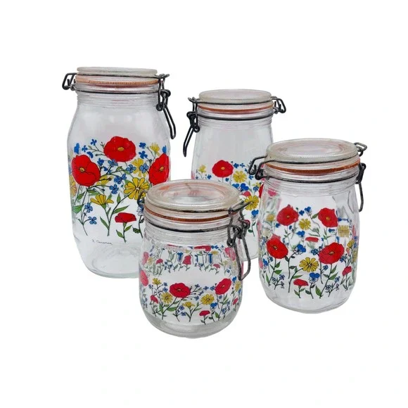 Vintage R Carman Floral Glass Canister Set 4pc Red Poppy Wildflower Bail Lids