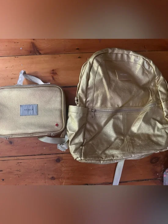 STATE Metallic Gold Kane Large Backpack and lunchbox set