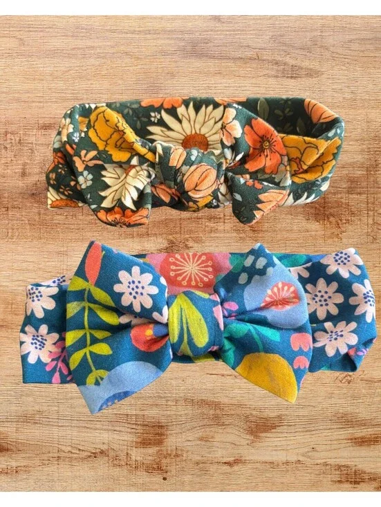 Baby Girl Bamboo Bow Headband Set of 2 Floral Stretch Hair Accessories