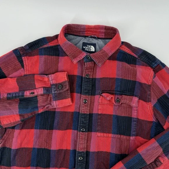THE NORTH FACE Mens Large Red Black Plaid Flannel Shirt Button Up Outdoor Hiking