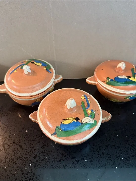 Hand-Painted Terracotta Lidded Bowls in Orange with Cactus Motif