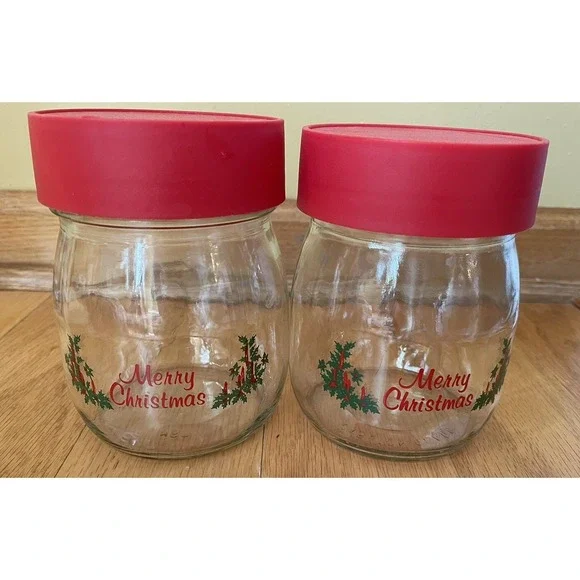 Vtg Carlton Glass Canister Jar Red Lid Merry Christmas Design 3/4 L Set Of 2