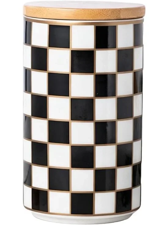 Checkered Airtight Ceramic Canister for Kitchen Storage - Black & White Coffee