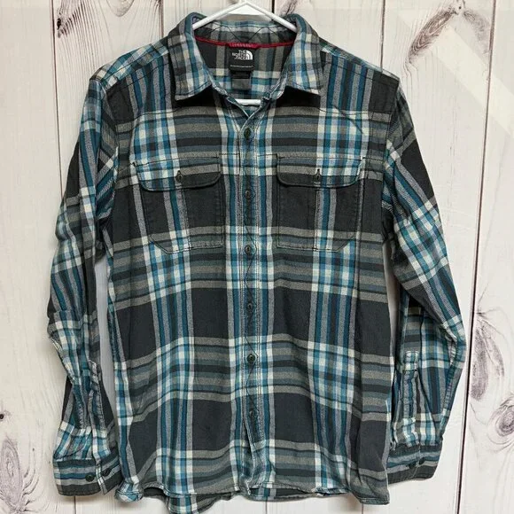 The North Face Men’s M Plaid Button-Down Shirt Gray/Teal‎ EUC