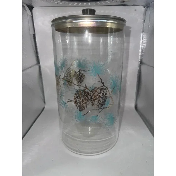 Vtg Mid Century Glass Libbey Canister Teal Pinecone Gold Pine Motif Metallic Lid