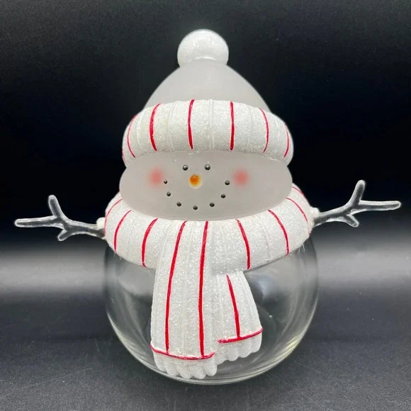 Snowman Glass Candy Jar Frosted Lid White Striped Christmas 5.75