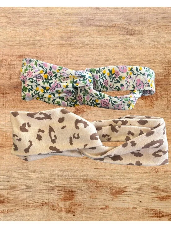 Baby Girl Floral & Leopard Twist Headband Set of 2 Stretch Hair Wraps