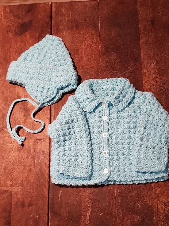 Hand Crafted Light Blue Crochet Baby Hat & Jacket Set