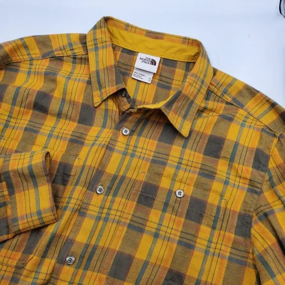 The North Face Mens XL Yellow Plaid Flannel Button Down Shirt Long Sleeve Cotton