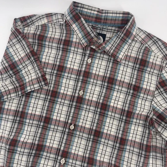 The North Face Plaid Short Sleeve Button Down Casual Shirt White Gray Red Blue L