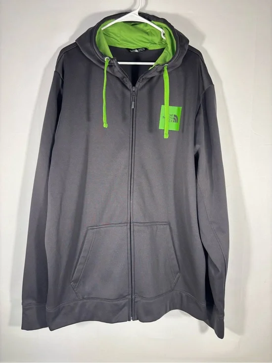 The North Face Gray Full Zip Hoodie Lime Green Logo Men’s Fleece Lined Size XXL