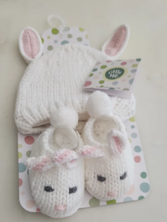 Little Me White Knit Bunny Hat and Booties with Pink Accents