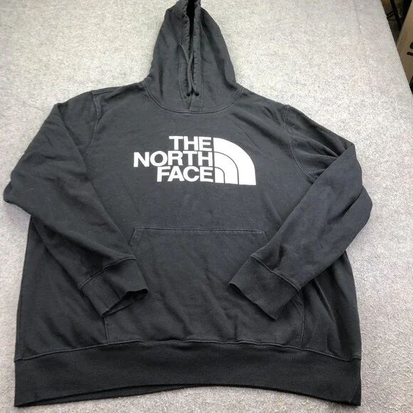 The North Face Hoodie Mens 2XL Black Pullover Fleece Sweatshirt Big Logo Front