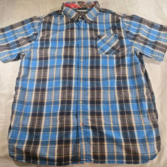 The North Face Mens Blue Plaid Seersucker Short Sleeve Button Shirt Size XXL