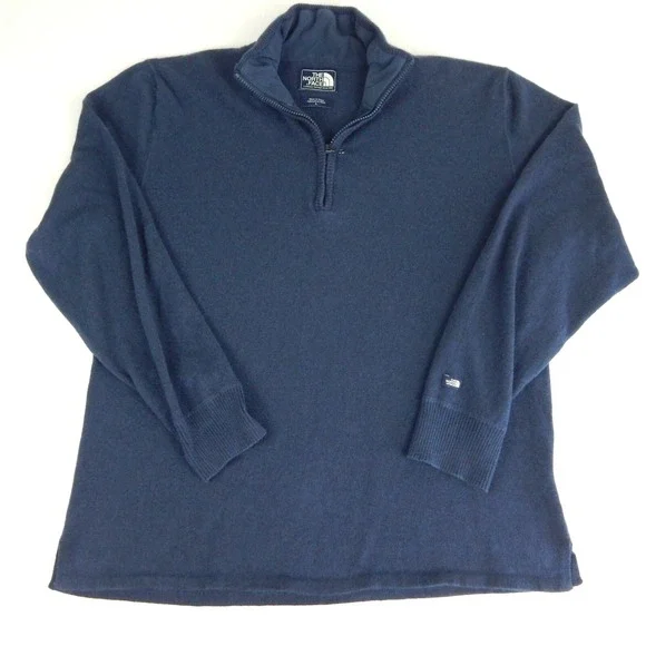 The North Face Pullover Wool Blend Sweater Mens L Blue 1/4 Zip Hiking Outdoors