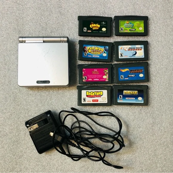 Nintendo Game Boy Advance SP AGS-101 Silver Handheld Console w/ Charger 8 Games