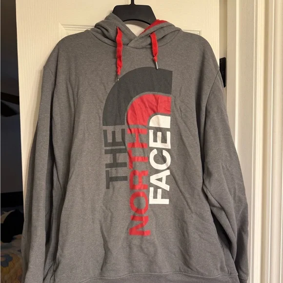 The North Face Gray Pullover Hoodie with Red Drawcords and Logo