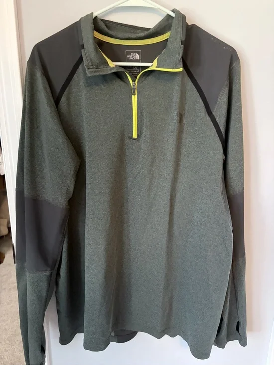 The North Face Men's Half-Zip Pullover - Olive Green with Neon Yellow Zip