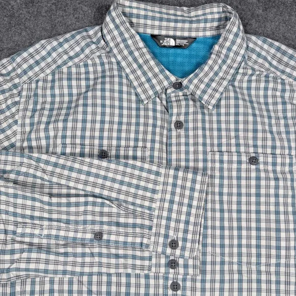 The North Face Mens XXL Grey Blue Plaid Long Sleeve Mesh Lined Hiking Shirt