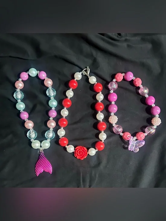 Chunky Beaded Kids Necklace Trio - Pink, Red & Mint