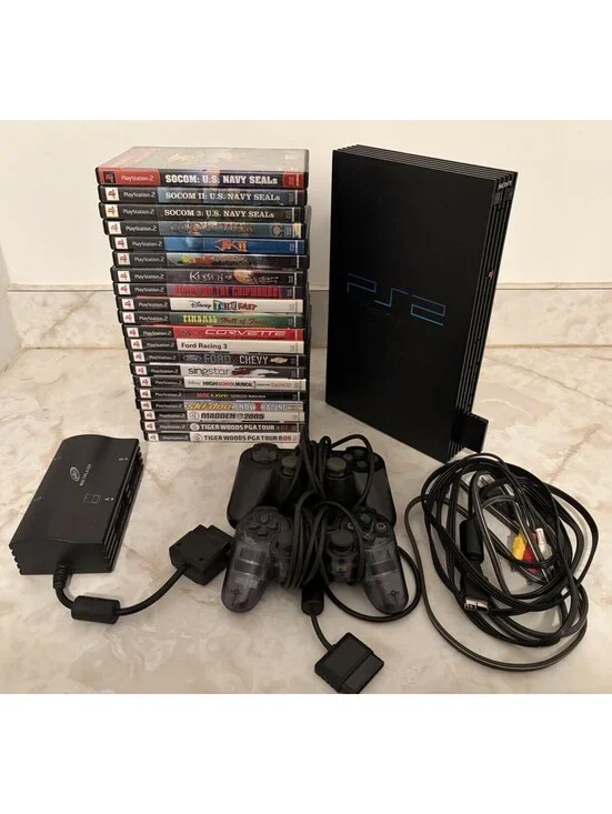 Sony PlayStation 2 Bundle (Console, 20 PS2 Games, Controllers, Multitap) TESTED