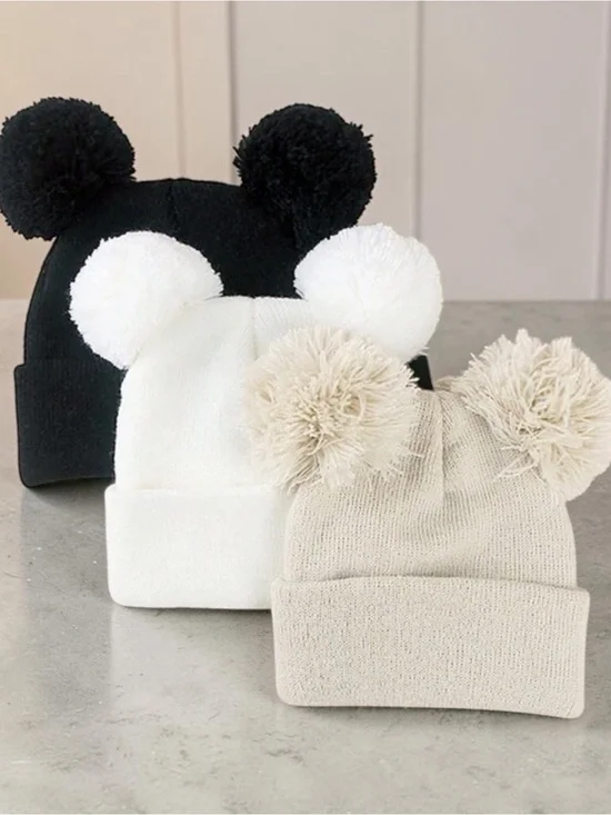Bundle of 3 Cozy Double-Pom Knit Beanie - Black, White, Cream