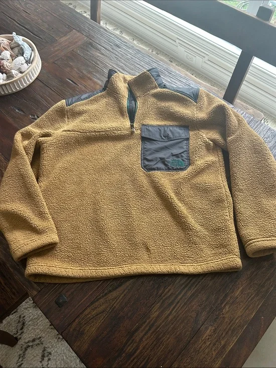The North Face Men's Mustard Yellow Sherpa Fleece Pullover with Black Trim