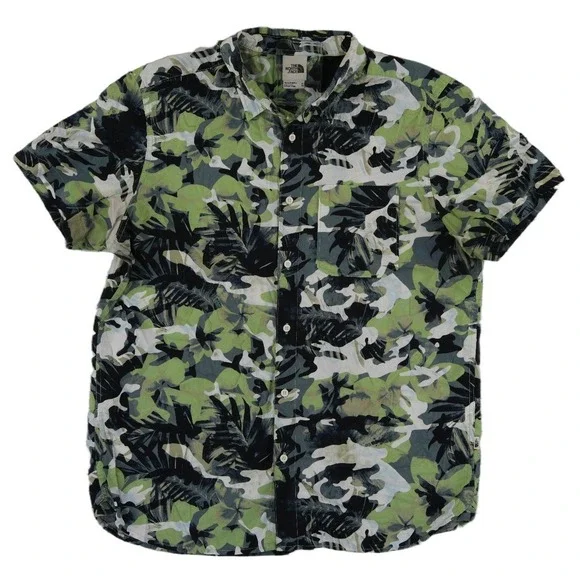 The North Face 100% Cotton Button Shirt Men's Size XL Green Camo Tropical