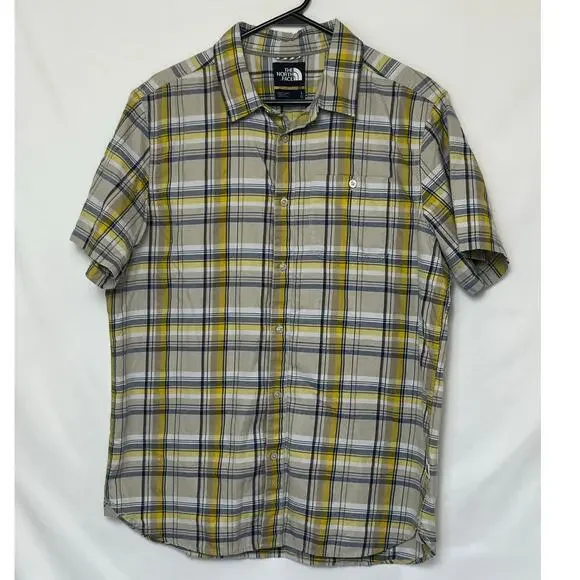 The North Face Men’s L Yellow Blue Plaid Short Sleeve Button Up Outdoor Shirt