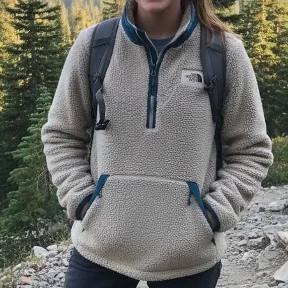 The North Face Beige Sherpa Fleece Pullover with Navy Trim