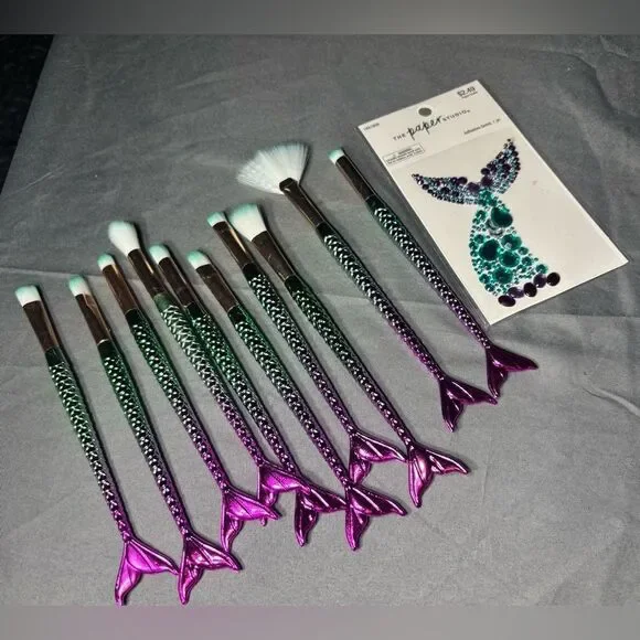 10 New Mermaid Tail Makeup Brush Set with Stickers NWT