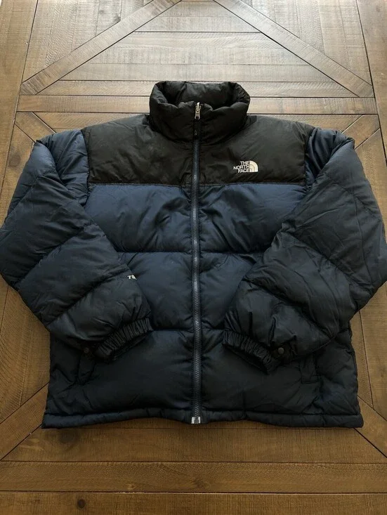 The North Face Nuptse 700 Navy Blue Down Puffer Jacket M Stowaway Hood