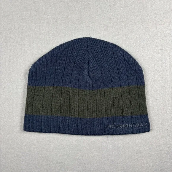 The North Face Beanie Hat Blue Green Striped Ribbed Knit Unisex Cap One Size OS