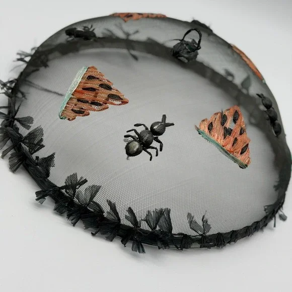 Vintage Style Mesh Food Cover Watermelon Ants Raffia Detail Black 14 Inch Dome