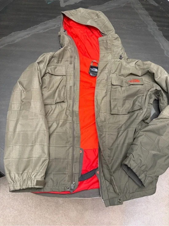 The North Face Olive Green Men's Hooded Jacket with Red Lining