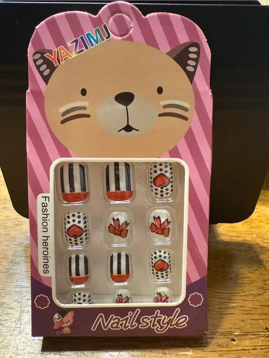 KIDS Pink Cat Nail Style Press-On Nails - Red, Black, White