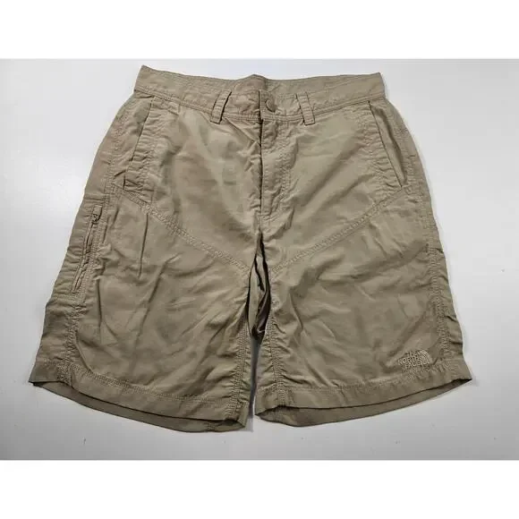 North face size 34 nylon packable zip pocket shorts beige lightweight khaki