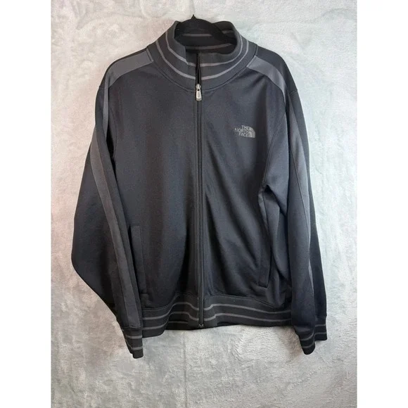 THE NORTH FACE Track Jacket Men L Black Gray Full Zip Logo Ribbed Collar Stripe