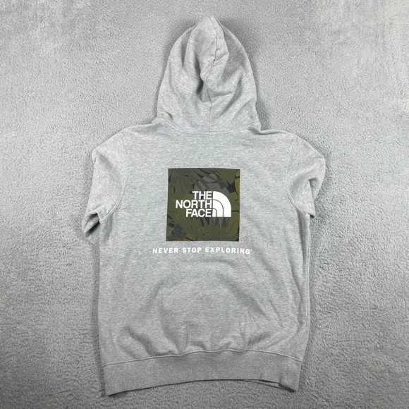 The North Face Box Logo Pullover Hoodie Mens Medium Gray Camo Graphic Fleece