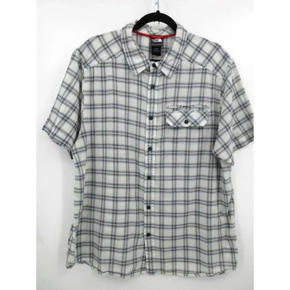 THE NORTH‎ FACE BUTTON FRONT SHORT SLEEVE SHIRT Men's Size XL White Blue Plaid