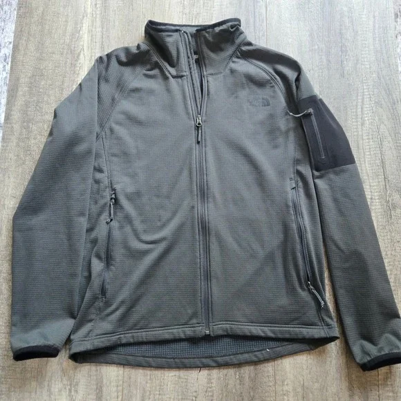 The North Face Mens Large Charcoal Grey Full Zip Grid Fleece Jacket Arm Pocket