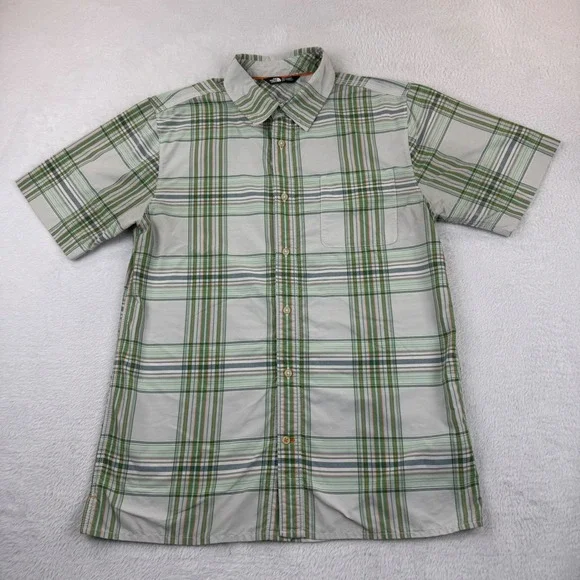 The North Face Plaid Button Up Shirt Mens Small Green Short Sleeve Hiking